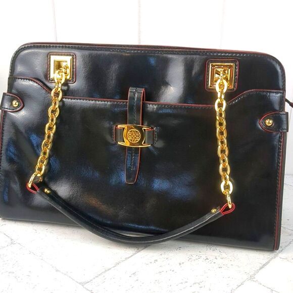 Antonio Melani Black Leather Handbag Red Trim Detachable Chain Straps & Dustbag - Picture 1 of 14